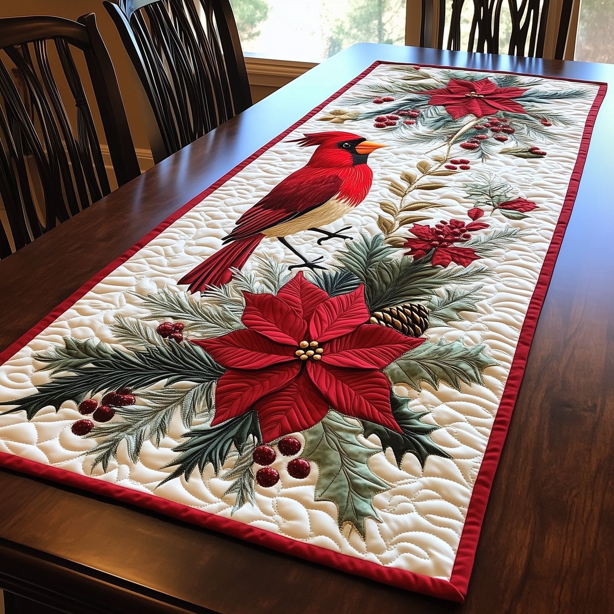 Cardinal on a Poinsettia Branch Table Runner - Made to Order TABLE928
