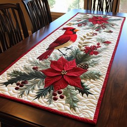 Cardinal on a Poinsettia Branch Table Runner - Made to Order TABLE928