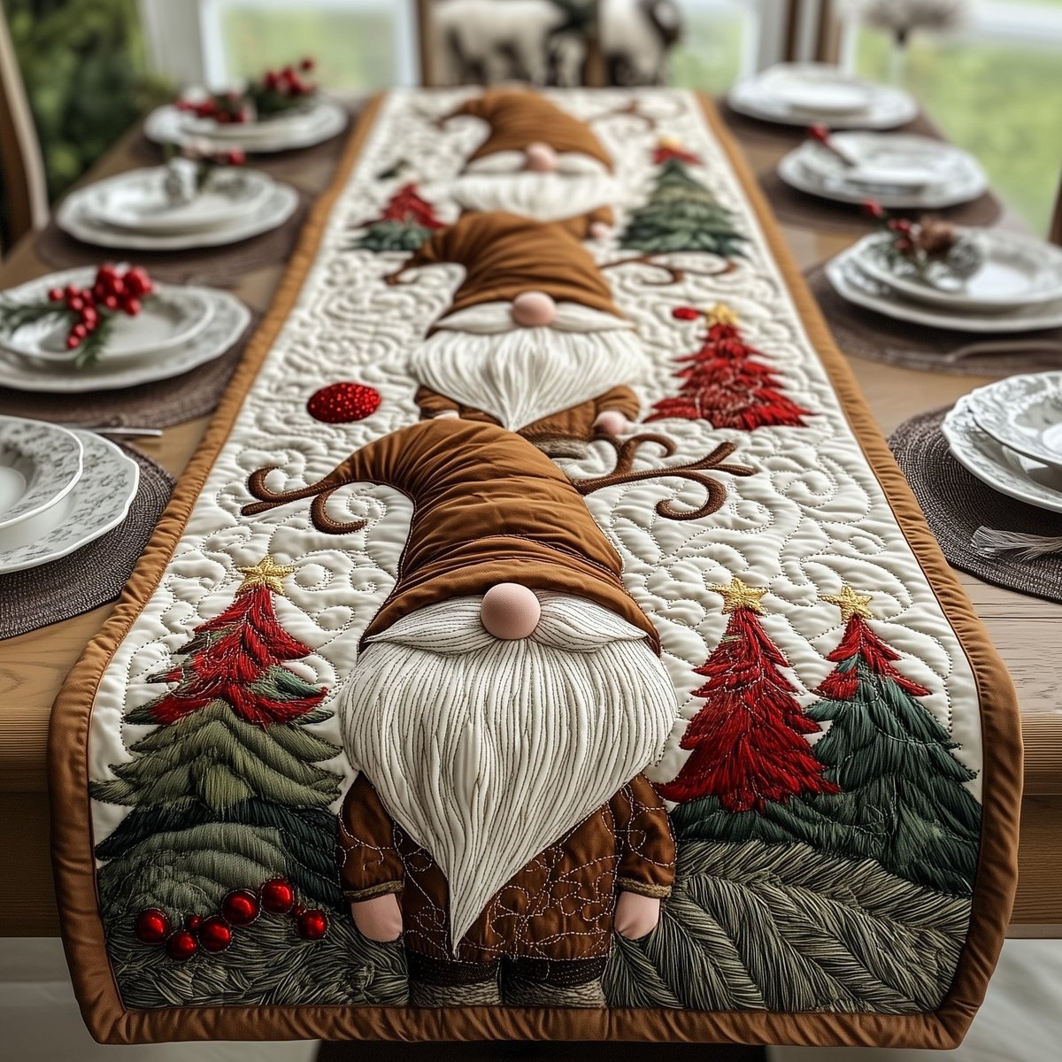Brown Hat Gnome Among Red Trees Table Runner - Made to Order TABLE928