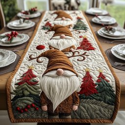 Brown Hat Gnome Among Red Trees Table Runner - Made to Order TABLE928