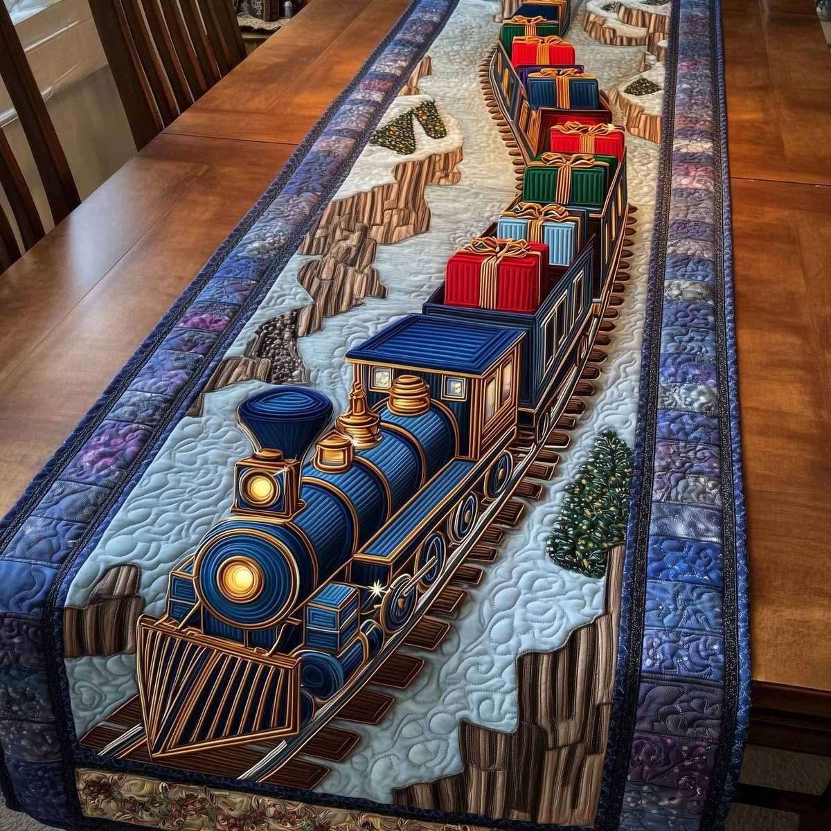 Blue Locomotive Carrying Presents Table Runner - Made to Order TABLE928
