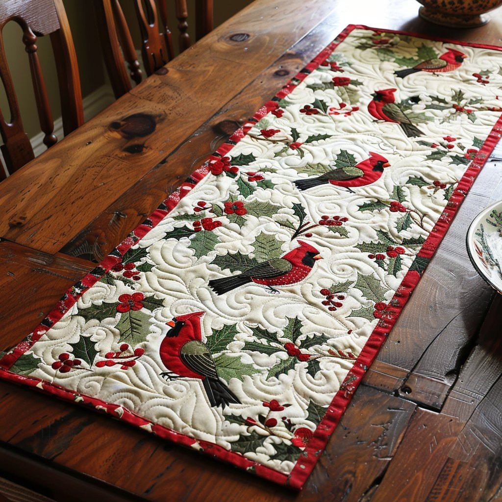 Cardinal and Holly Table Runner - Christmas Table Decor, Quilt or Velvet TABLE928
