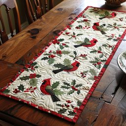 Cardinal and Holly Table Runner - Christmas Table Decor, Quilt or Velvet TABLE928