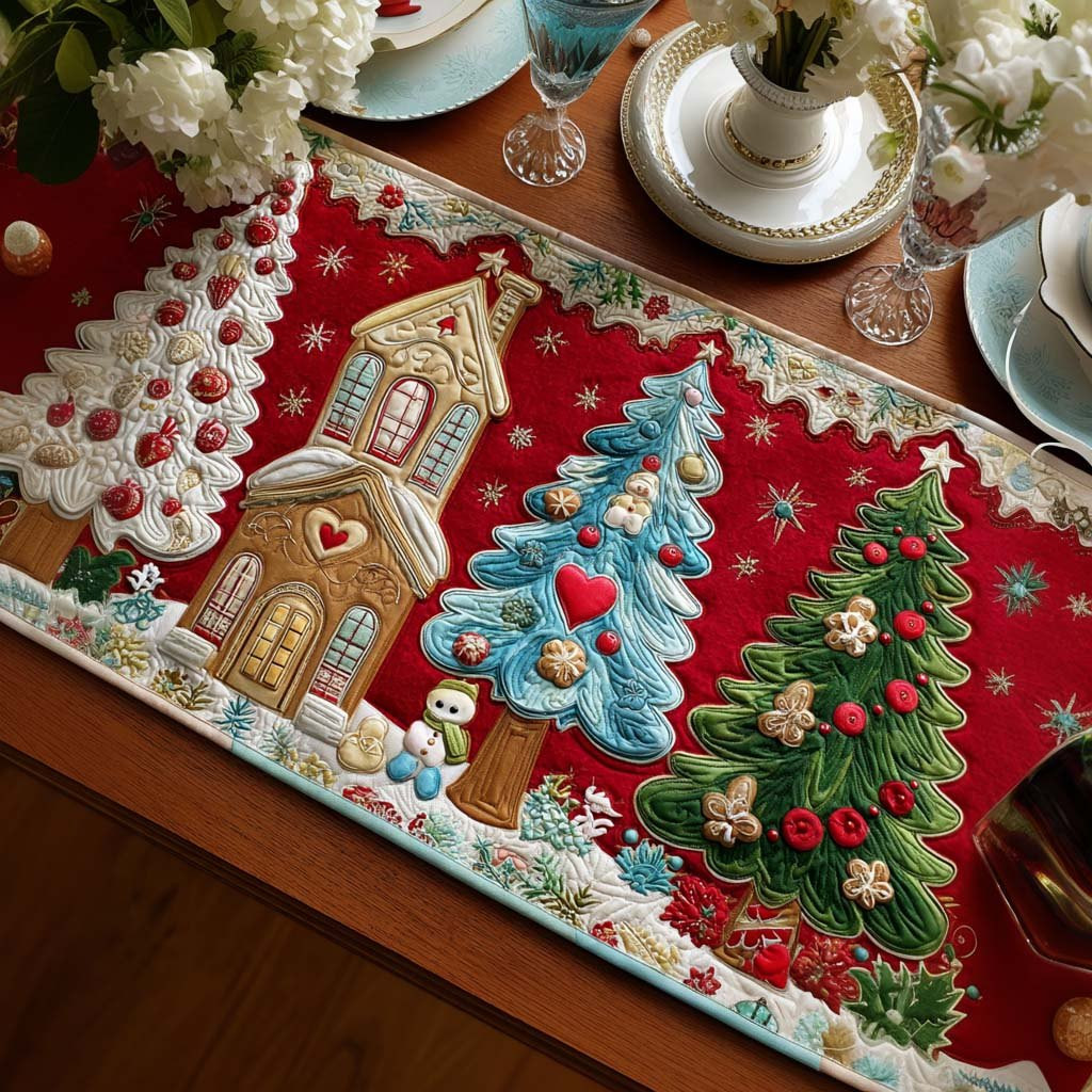 Christmas Houses and Trees on Red Table Runner - Made to Order TABLE928