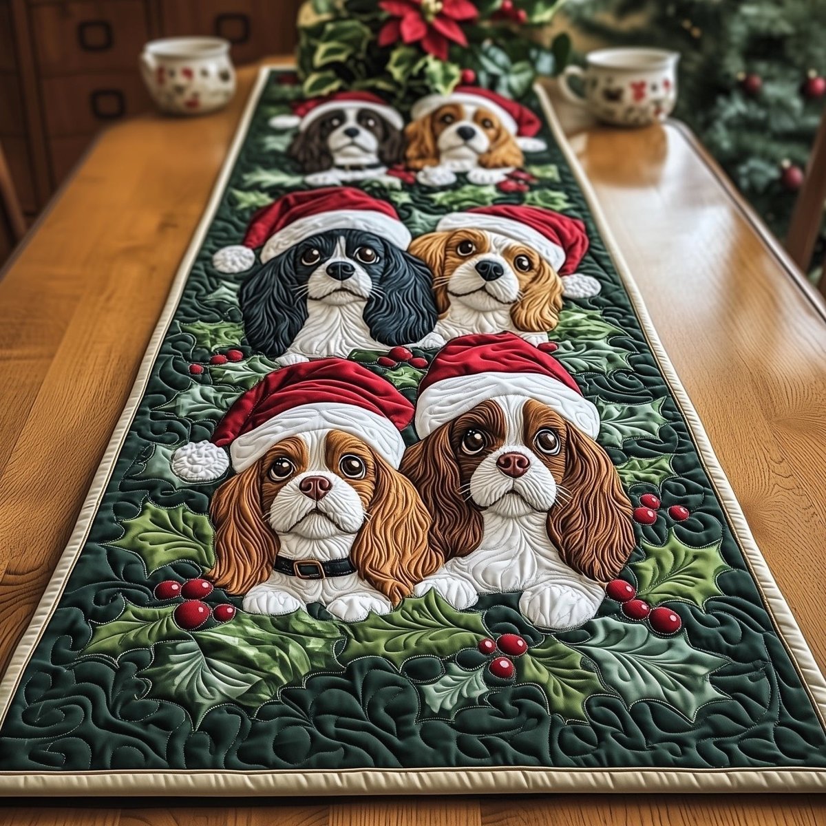 Cavalier Spaniels with Holly Wreath Table Runner - Made to Order TABLE928