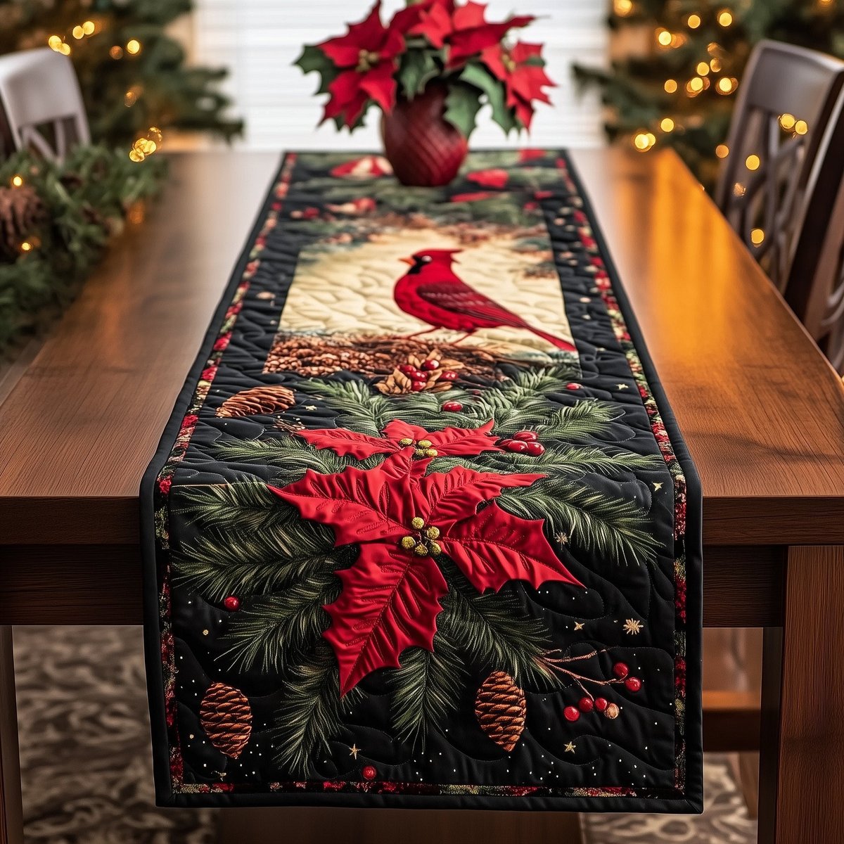 Cardinal with Poinsettias on Black Table Runner - Made to Order TABLE928