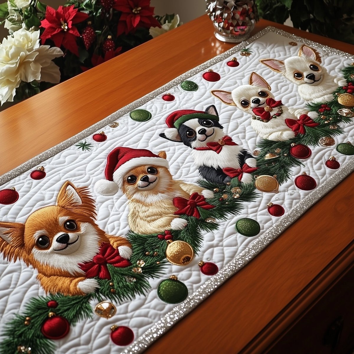 Chihuahuas with Holly on Cream Table Runner - Made to Order TABLE928