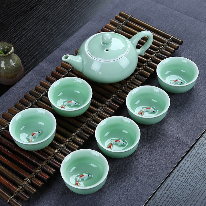 Chinese Travel Kung Fu 7pcs Tea Sets Ceramic Portable Porcelain Service Gaiwan Carp Tea Cups Tea Ceremony Teapot Gift Box