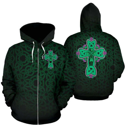 Celtic Cross With Flowers Thistle Zipper Hoodie