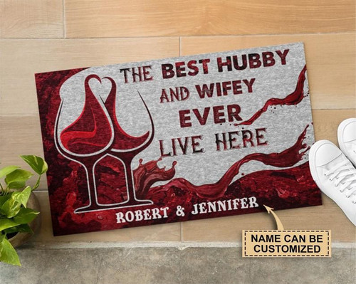 Couple Welcome Mat, Personalized Wine Best Hubby Wifey Live Here Customized Doormat, Housewarming Gift