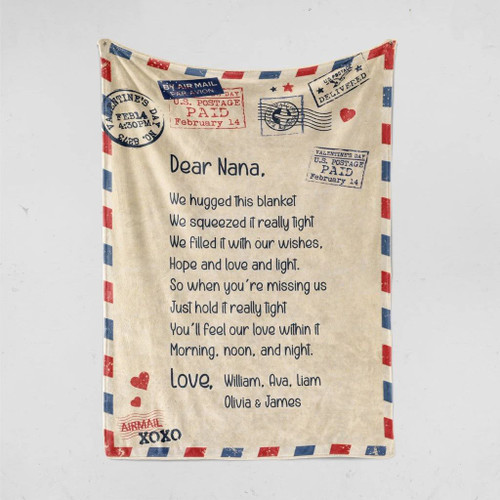 Customized Names Blanket, Air Mail Letter Grandma We Hugged This Fleece Blanket