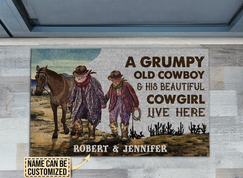 Couple Cowboy Welcome Mat, Personalized Cowboy And Cowgirl Live Here Customized Doormat, Home Decor