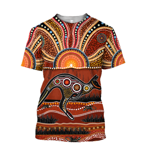Tmarc Tee Aboriginal Kangaroo running Lizard Art summer shirts for men and women