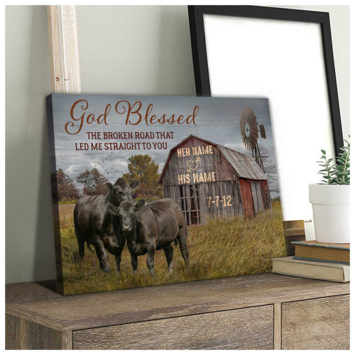 Tmarc Tee God Blessed The Broken Road Barn and Angus Cows Custom Name and Date Personalized Custom Canvas Wall Art Decor Gift For Him Gift For Her