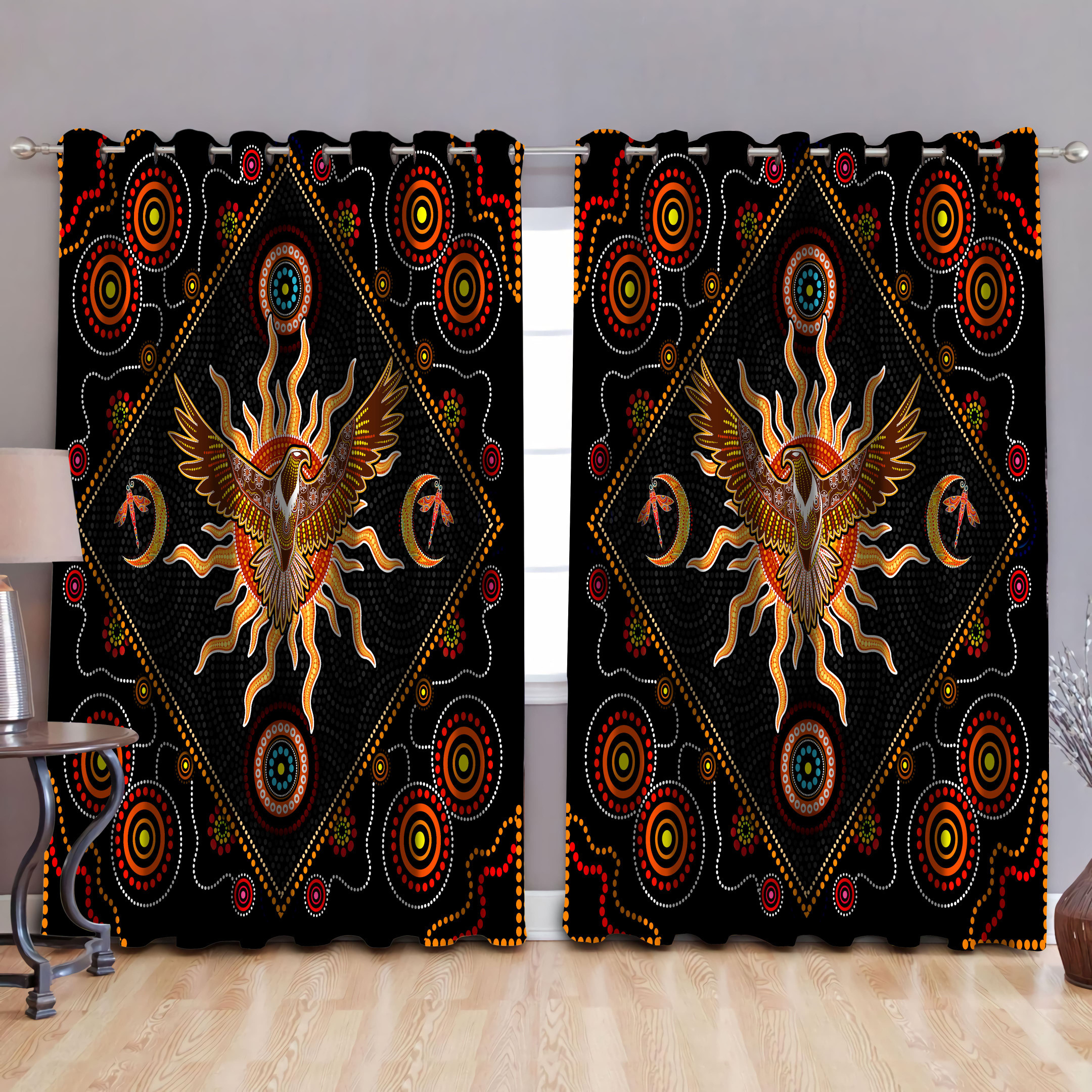 Tmarc Tee Moon Sun Eagle and Dragonfly Australia Indigenous Painting Art Curtain