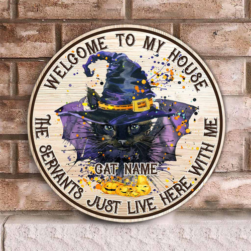 Tmarc Tee Welcome - Black Cat Personalized Round Wood Sign