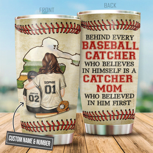 [Gift For Mom] Tmarc Tee Customized Name and Number Baseball Catcher Mom Stainless Steel Tumbler