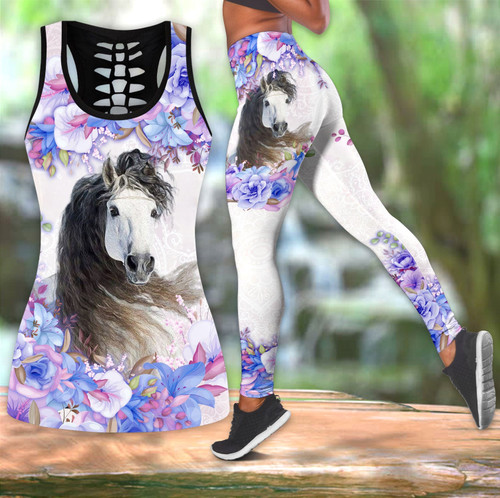 Tmarc Tee Pretty White Horse With Flower 3D Printed Combo Legging Tanktop