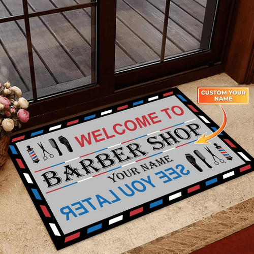 WelCome To Barber Shop Vintage Personalized Doormat Text Name Tmarc Tee DM23092225