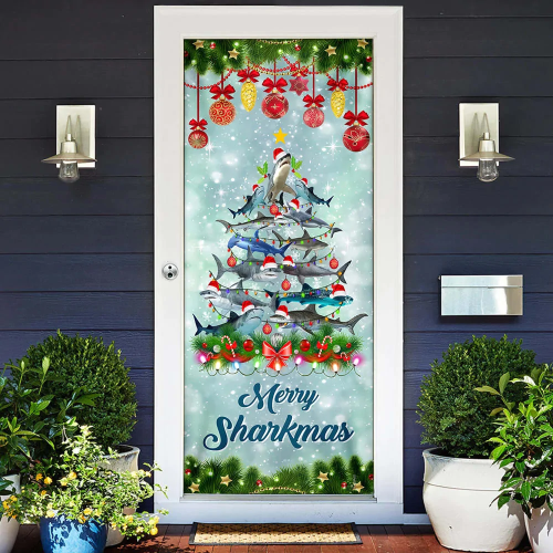 Shark Christmas Tree Door Cover - Merry Sharkmas Door Cover - Christmas Door Cover Tmarc Tee