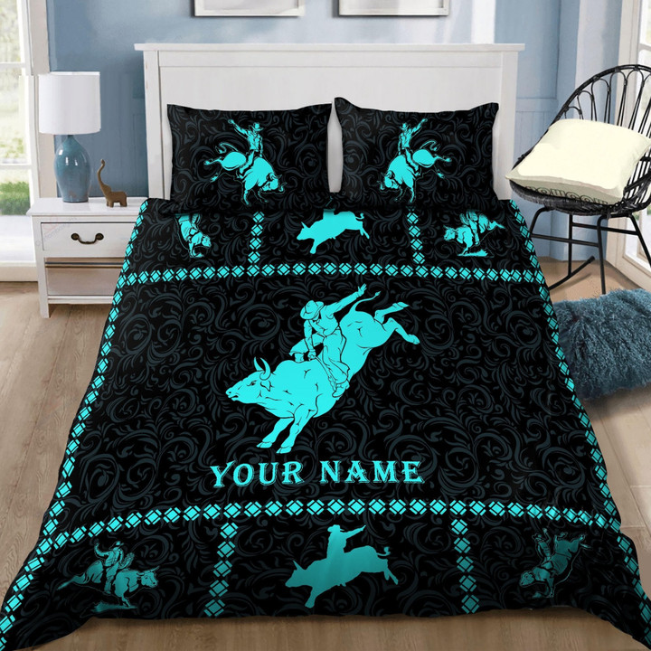 Personalized Name Bull Riding Blue Bedding Set