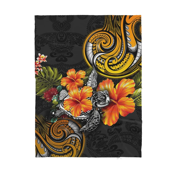 Polynesian Turtle Hibiscus Flower Sherpa Blanket ML