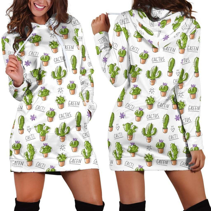 All Over Printing Green Cactus Hoodie Dress