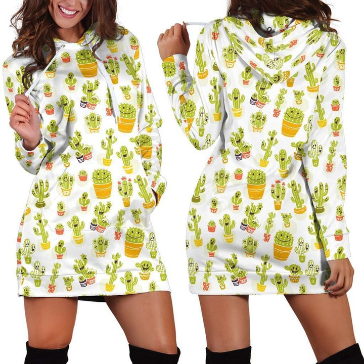 All Over Printing Cacti Happy  Hoodie Dress