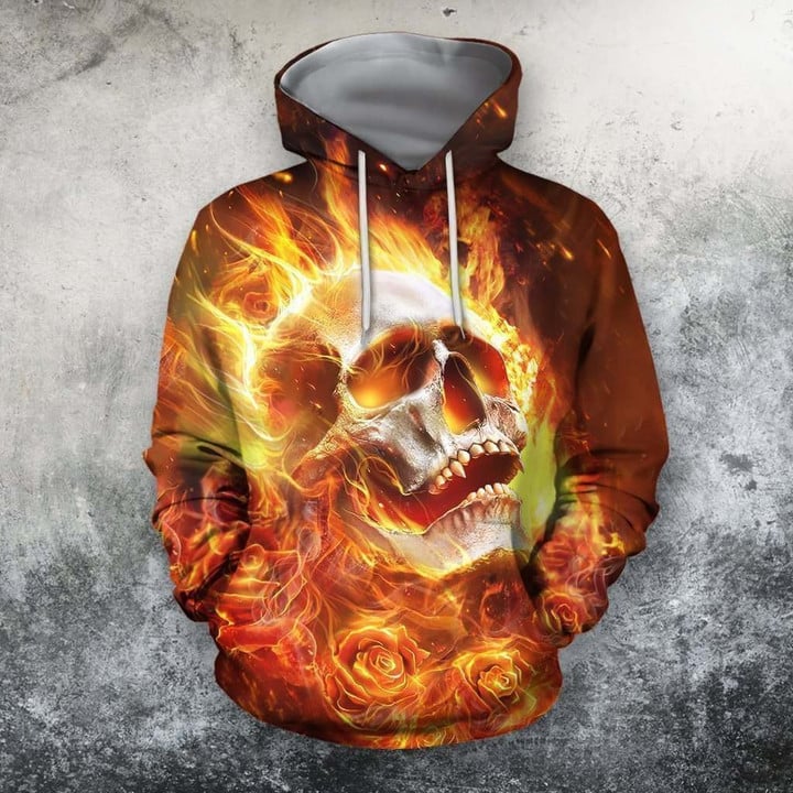 3D All Over Printing Skull Fire Hoodie