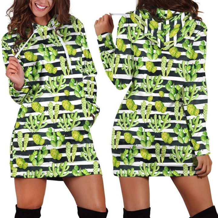 All Over Printing Cacti And horizontal stripes Hoodie Dress