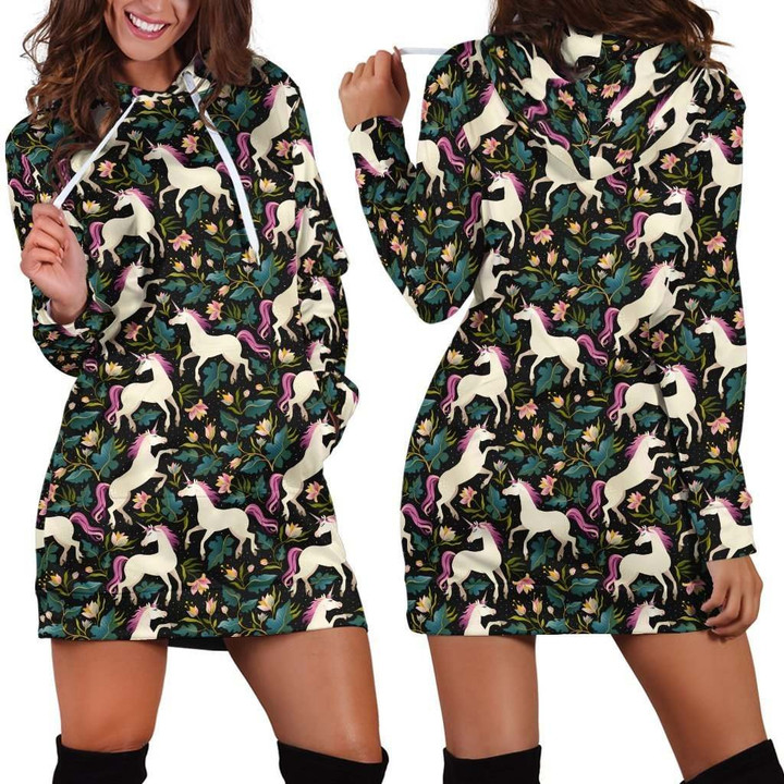 3D All Over Unicorn And Flower Hoodie Dress