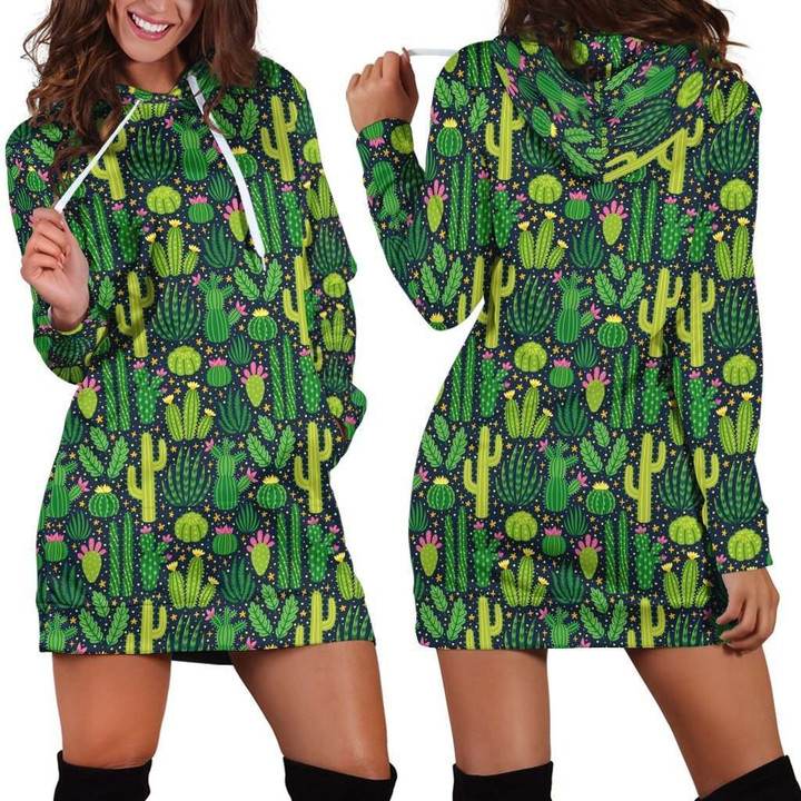 All Over Printing Green Cactus Have Flower Hoodie Dress