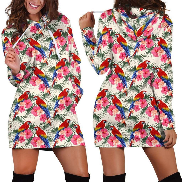 All Over Printing Scarlet Macaw And Flower Hoodie Dress