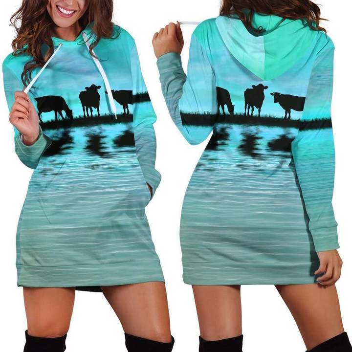 Sunset and Cow Blue Backgroud Hoodie Dress
