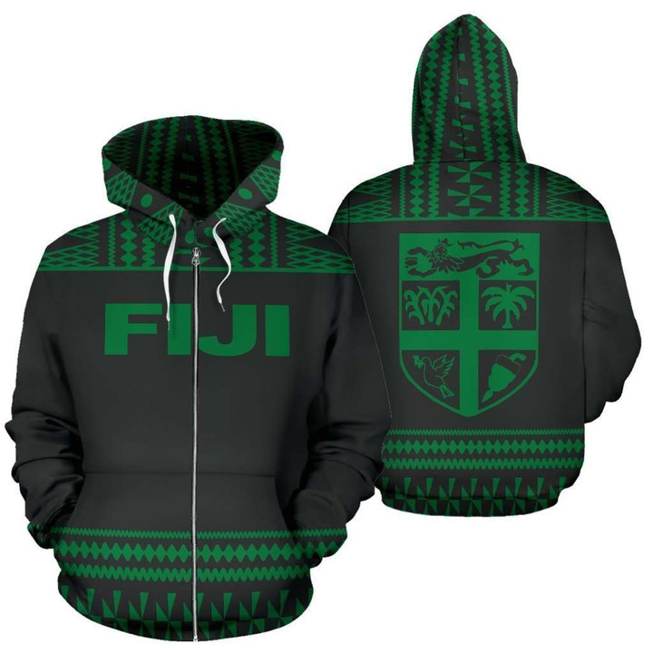 Fiji Tapa All Over Zip-Up Hoodie - Green And Black Version - BN09
