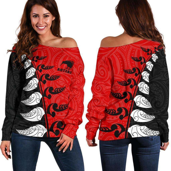 Aotearoa Silver Fern Koru Style Off Shoulder Sweater Red K4