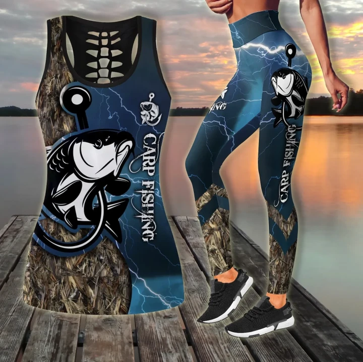 Carp Fishing - blue tattoos Camo Combo Legging + Tank fishing outfit for women TR270305 - Amaze Style™-Apparel