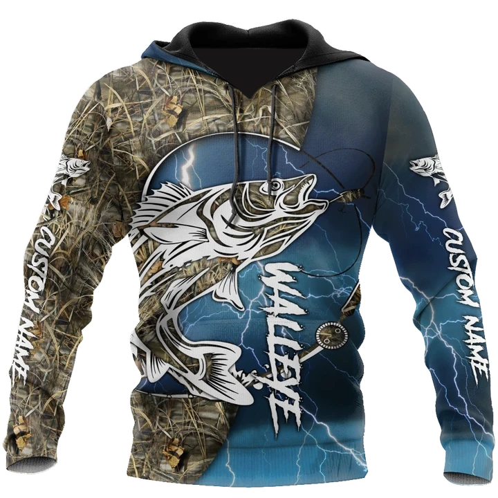 Custom name Walleye fishing gear blue 3D Design print shirts