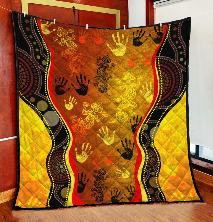 Aboriginal Rock Painting Hand Lizard Australia Art Golden Style Quilt