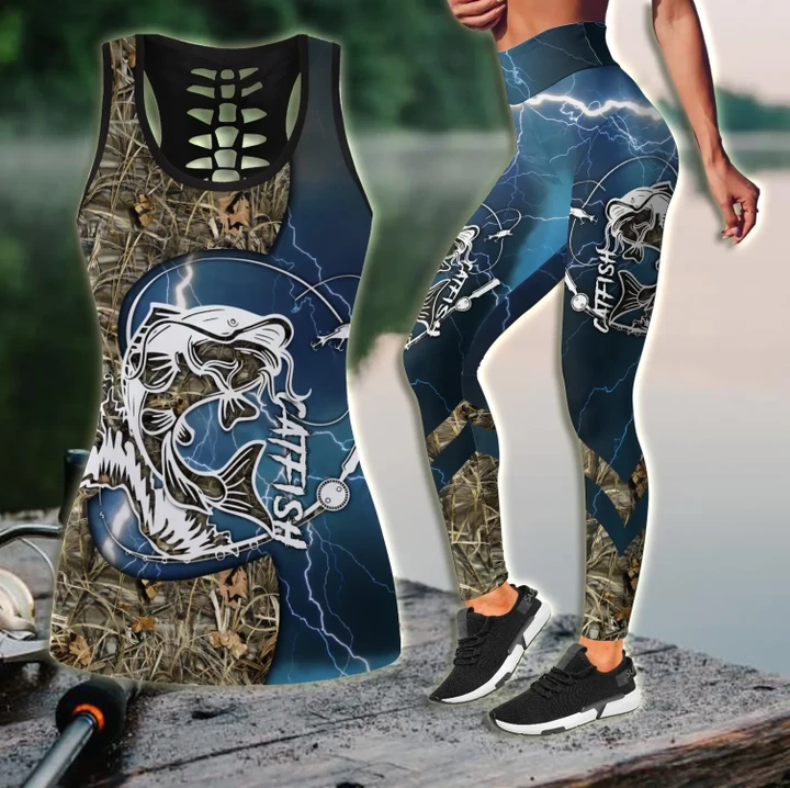 Catfish Fishing - blue tattoos Camo Combo Legging + Tank fishing outfit for women TR270304 - Amaze Style™-Apparel