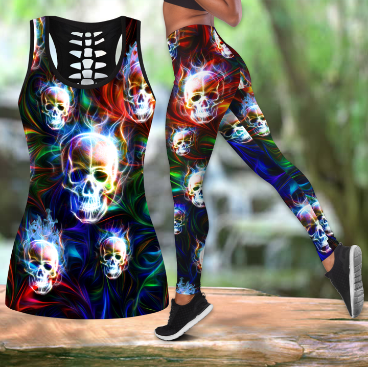 Tmarc Tee Colorful Skull Combo Hollow Tank Top And Legging Outfit MH