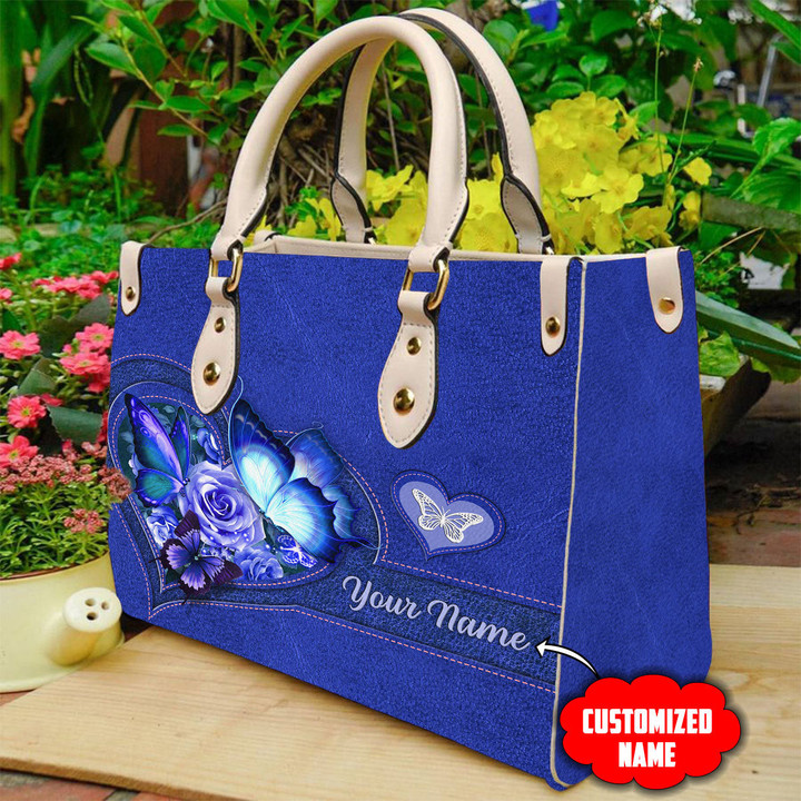 Tmarc Tee Customized Name Blue Butterfly Printed Leather Bag
