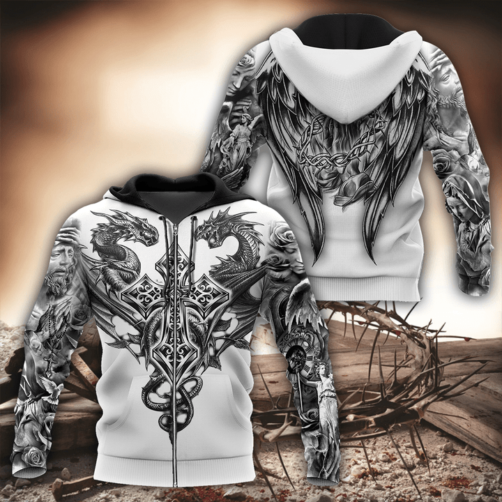 Tmarc Tee Jesus Christ Cross and Dragons Printed Zipped Hoodie for Men and Women