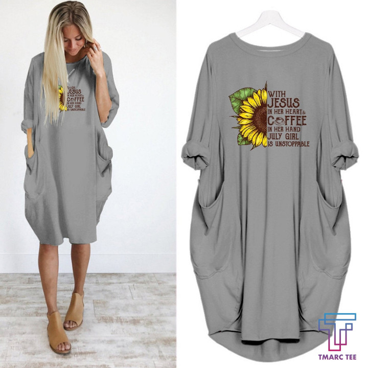 With Jesus In Her Heart And Coffee In Her Hand July Girl Is Unstoppable Dress - Amaze Style™-Apparel