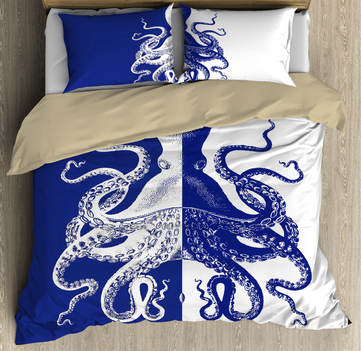 Tmarc Tee Premium Bedding Set Blue And White Kraken Octopus King of The Seven Seas ML