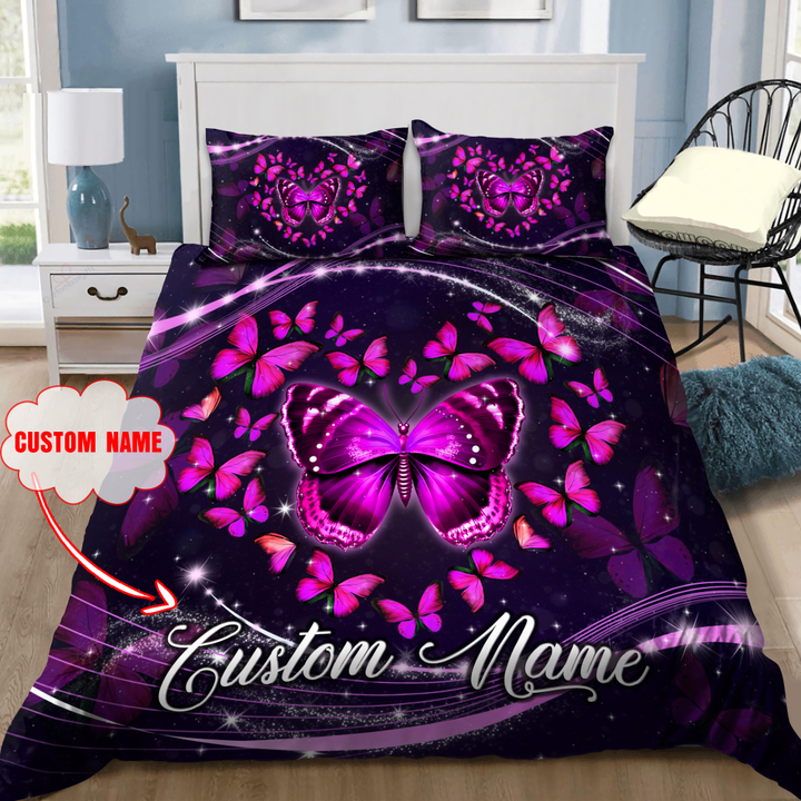 Tmarc Tee Personalized Butterfly Heart Purple Printed Bedding Set MHDH
