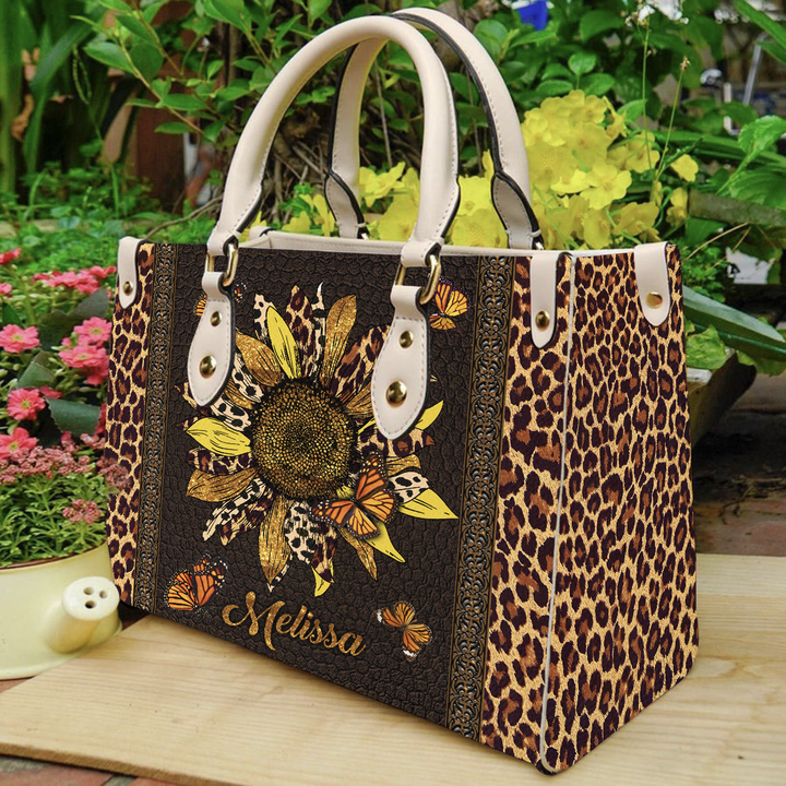 Tmarc Tee Personalized Name Sunflower x Monarch Printed Leather Tote Bag