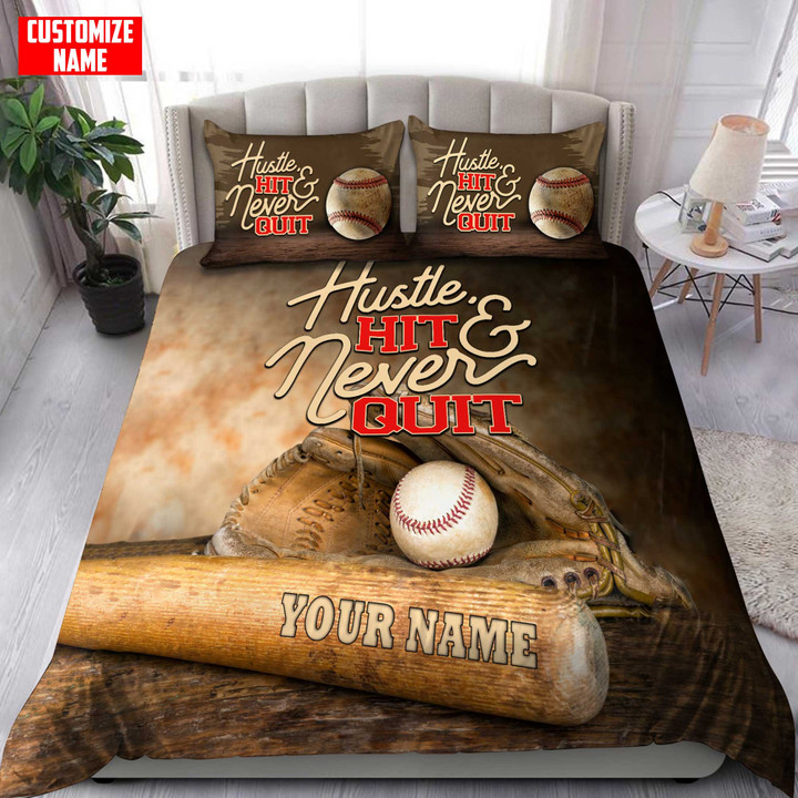 Tmarc Tee Customized Name Hustle Hit & Never Quit Baseball All Over Printed Bedding Set