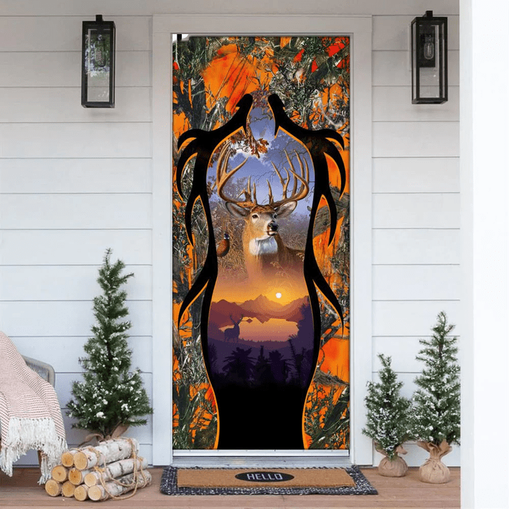 Love Deer Hunting Christmas Door Covers - Orange Camo Front Door Cover Tmarc Tee