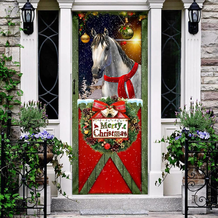 Horse Merry Christmas Door Cover - Christmas Horse Decor - Christmas Outdoor Decoration Tmarc Tee